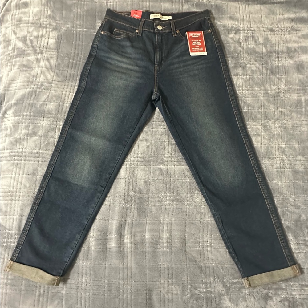 Levi Dark Blue Vintage Mid Rise Boyfriend Jeans With Cuffs at the end